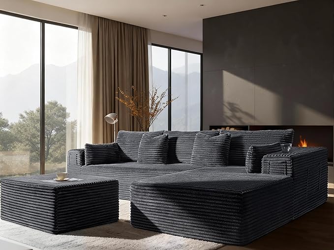 108" Oversized Cloud Sectional Couch, Comfort U Shaped Boneless Couch for Living Room, Extra Deep Seats No Assembly, Modular Sofa, Corduroy (Dark Grey, 2 Seater+Right Facing Chaise+Ottoman)