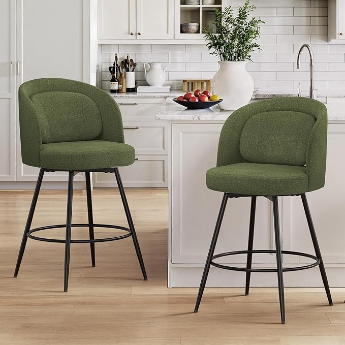 LUE BONA 26''H Swivel Bar Stools Set of 2, Counter Height Bar Stools with Backs, Lumbar Pillow and Black Metal Frames, Upholstered Modern Barstools for Kitchen Island, Chenille Farbic, Green