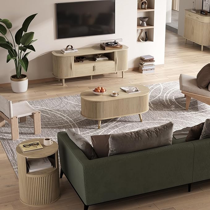JOINICE 42.5" Oval Lift Top Coffee Table with Storage, Modern Oak Center Table with Fluted Design, Solid Wood Legs & Hidden Compartment, Pop Up Coffee Table for Living Roomm