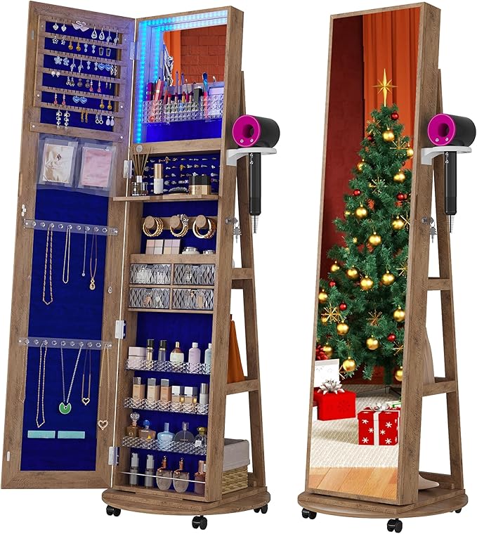 HNEBC 360° Swivel Jewelry Armoire with Mirror, LED Mirror Jewelry Cabinet Standing, Full Length Mirror with Jewelry Storage, Standing Jewelry Organizer/Lockable Wheels/Foldable Makeup Shelf (Wood)