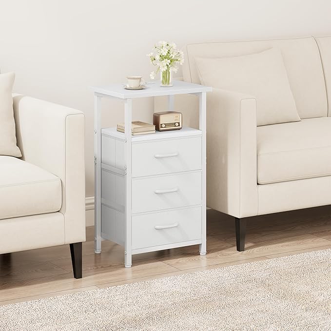 Vagusicc Nightstand Set of 2 with Charging Station, Bedside Table with USB Ports and Outlet, End Table Side Table with 2 Fabric Drawers and Storage Shelf, Bed Side Table Night Stand for Bedroom, White