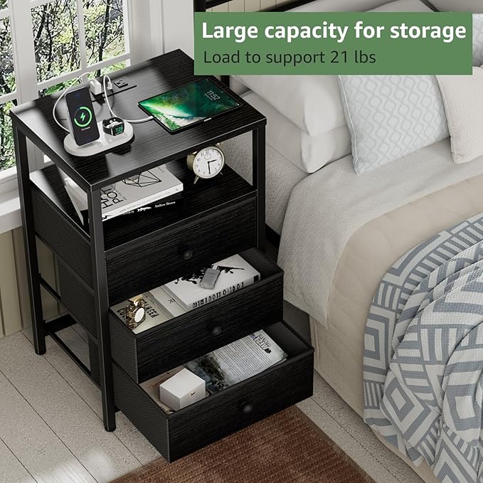 BOLUO Black Night Stand with 3 Fabric Drawers, Nightstand with Charging Station LED Nightstand for Bedroom, Bedside Table with USB Ports and Outlets Modern