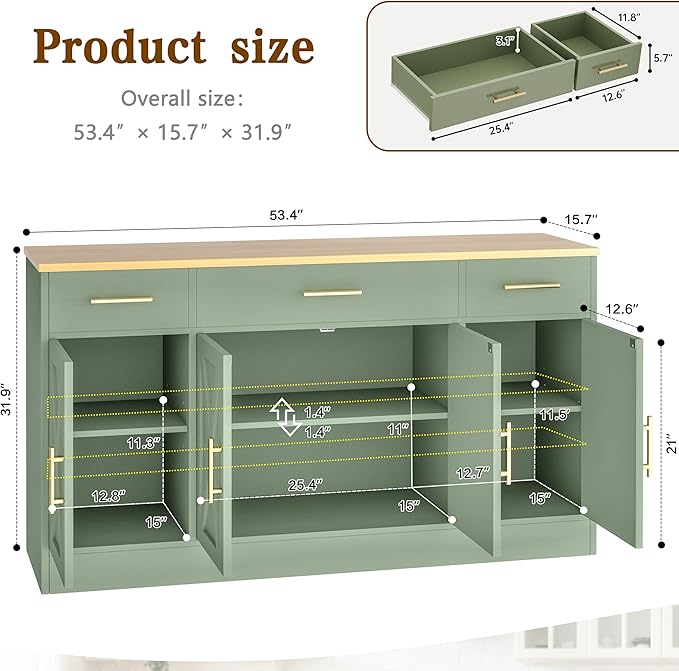 Vongrasig Buffet Cabinet with Storage, Farmhouse Coffee Bar Table with Drawers, 53” Large Modern Sideboard Buffet with Adjustable Shelves, Wood Buffet Table for Kitchen, Dining Room, Green