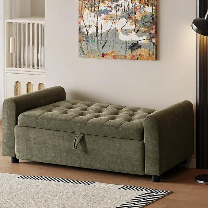 48" Ottoman with Storage, Tufted Storage Ottoman Bench, Convenient Living Room Fabrics Bench Seat, Entryway Shoe Benches with Inner Zipper & Arm, Rivetless Upholstered Window Seat Ottomans, Green