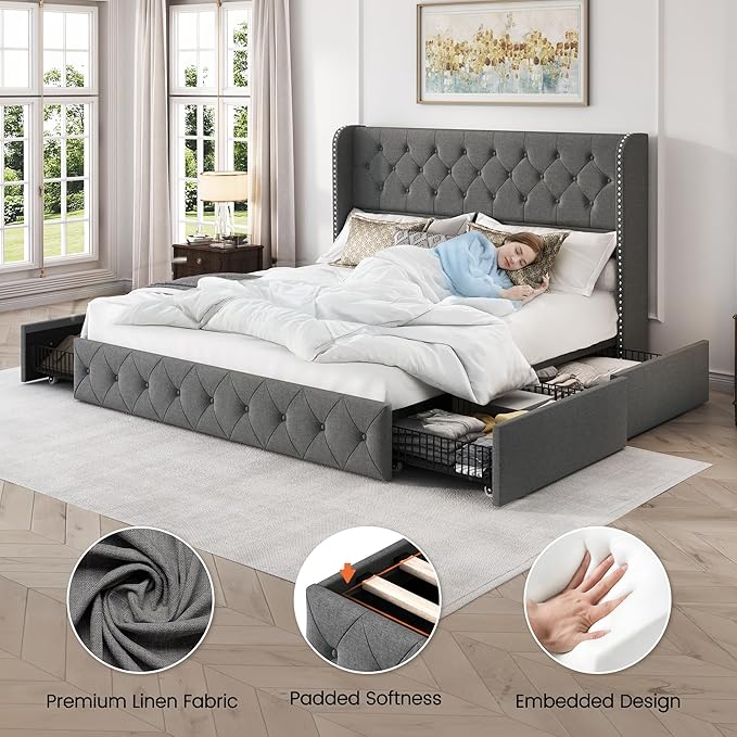 LARMACE Upholstered King Size Bed Frame with 4 Storage Drawers and 47.2" Tall Wingback Headboard Tufted Platform Bed Frame Linen Beds with Wooden Slats Support, Easy Assembly, Light Grey