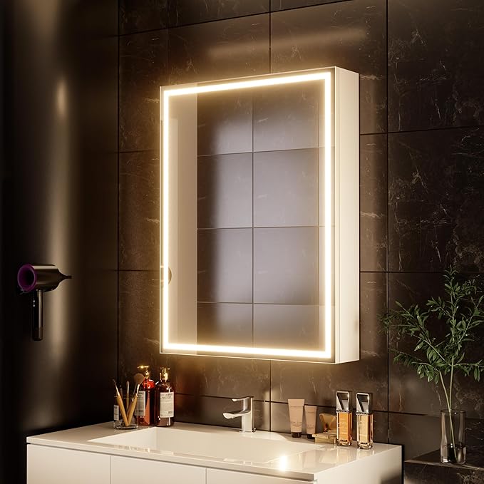 32x24 inch LED Lighted Medicine Cabinet with Mirror, Moisture-Resistant Wood, Stepless Dimmable, 3000K/5500K, Defogger, Adjustable Shelf, Flat-Pack Design – Assembly Required (White)