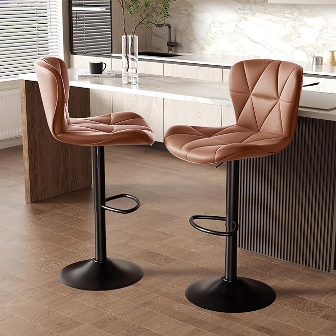 Nalupatio Modern Bar Stools Set of 2, Faux Leather Upholstered Swivel Bar Stools, Adjustable Counter Height Bar Chairs with Back for Kitchen Island, Rust