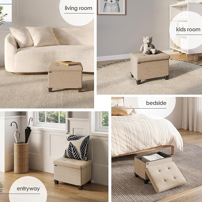 Storage Ottoman Cube with Small Bin, 16-in Square Ottoman with Storage for Living Room and Bedroom, Small Ottomans Foot Rest, Velvet Foot Stools Ottomans Max 330lbs, Taupe