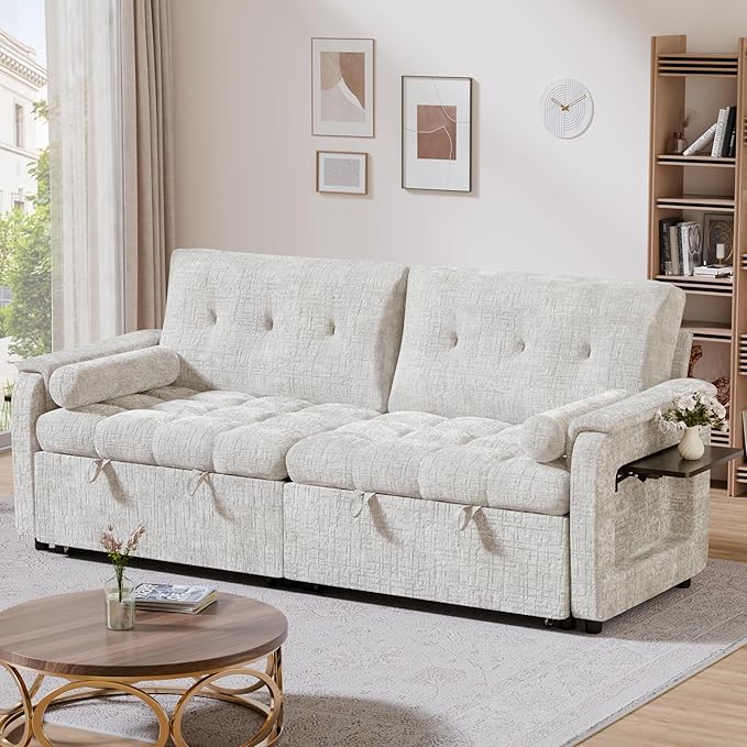 Convertible Sleeper Sofa Bed, 86 Inch Chenille Pull Out Couch with Side Table & Adjustable Backrest, Sectional Sleeper Sofa with Pull Out Bed for Living Room, Apartment, Beige