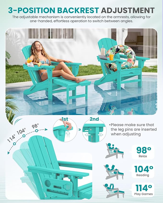 SERWALL Folding Adjustable Adirondack Chair with Footrest, HDPE Outdoor Chair with 4-in-1 Cup Holders, All Weather Adirondack Chair with Ottoman, Aruba