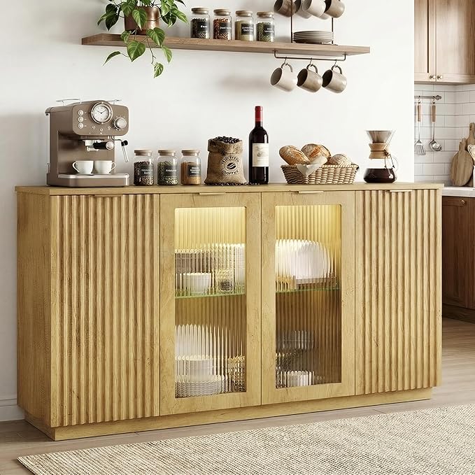 Einhomn 55" Sideboard Fluted Buffet Cabinet with Storage, Glass Doors & Led Lights, Coffee Bar Station with Adjustable Shelves, Modern Wood Cabinet for Kitchen, Living Room, Natural Oak