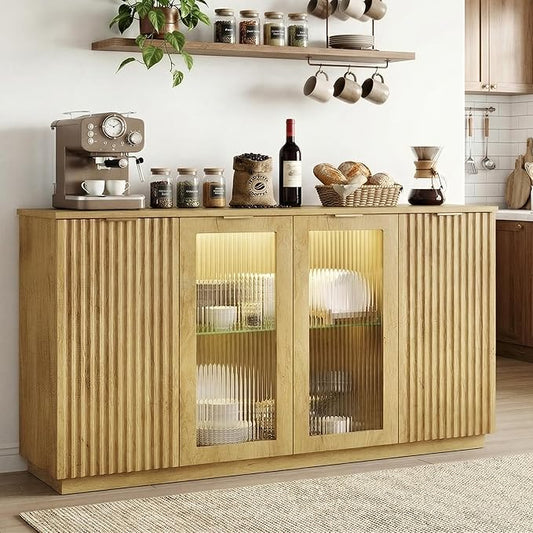 Einhomn 55" Sideboard Fluted Buffet Cabinet with Storage, Glass Doors & Led Lights, Coffee Bar Station with Adjustable Shelves, Modern Wood Cabinet for Kitchen, Living Room, Natural Oak