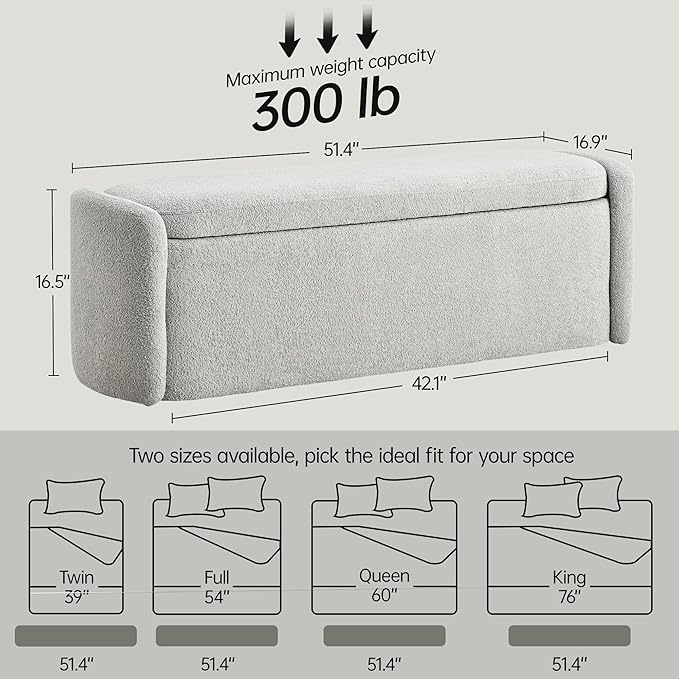 VKNOW 51" Storage Ottoman Bench, Upholstered End of Bed Bench with Smooth Hinges, Oval Large Ottoman Bench for Bedroom, Living Room and Hallway Entryway, Grey