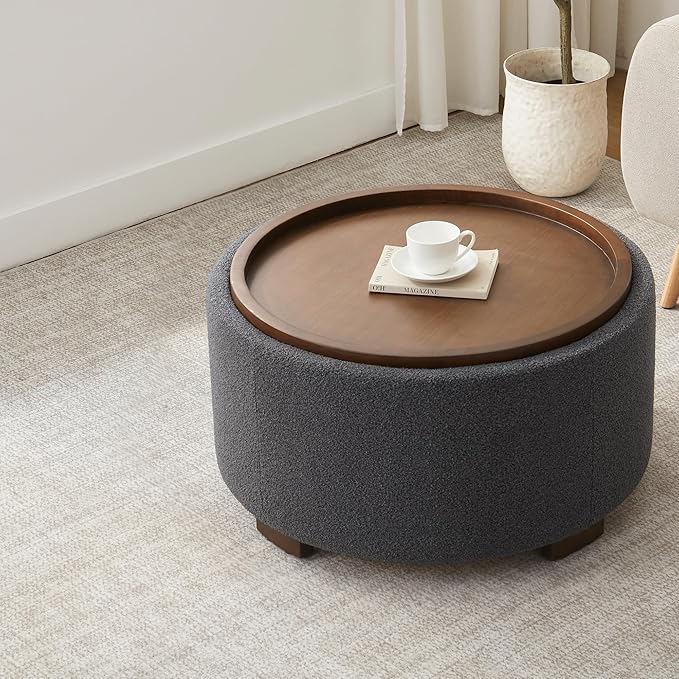 Zihanhome 30 Inch Round Storage Ottoman Coffee Table, Modern Boucle Ottoman with Lift-Off Lid and Solid Wood Legs for Living Room, Bedroom, Corners, Apartments (Grey)