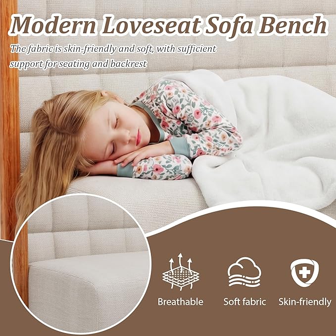 Andeworld Loveseat Settee Bench with Rattan Arms, Upholstered Modern Mini High-Back Sofa Couch,Banquette Dining Bench for Living Dining Room Bedroom Office Small Space Entryway，Beige