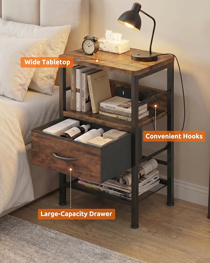 Lazzanto Nightstands Set of 2 with Charging Station, Bedside Tables with Open Shelf & Hooks, End Tables with USB-C USB-A Ports AC Outlets, Night Stand for Bedroom with Fabric Drawer, Rustic Brown