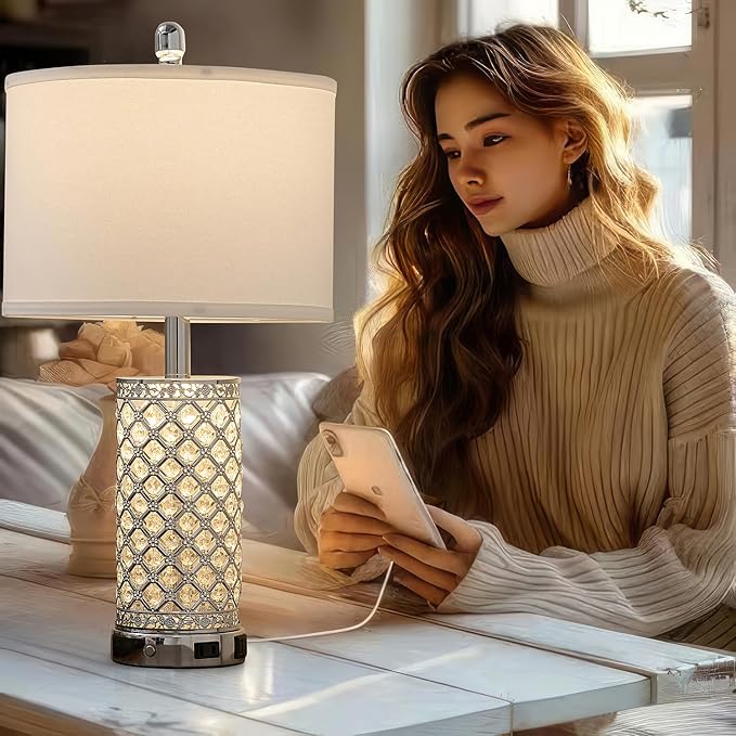 SAIWEYA Modern Crystal Table Lamp - 24in Silver Bedroom Lamps 3-Way Dimmable Touch Lamp with Night Light, 2 USB Ports + AC Outlet, Bedside Night Stand Lamp for Living Room Office (Silver- 1 Pack 24In)