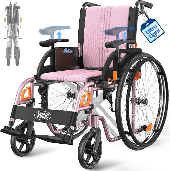 VOCIC Ultra Lightweight Wheelchair for Adults, 23lb Frame Portable Foldable Self-Propelled Wheelchairs for Seniors with Quick Release Wheels, Swing-Away Footrests,Flip-Back Arm, 300 lbs Pink