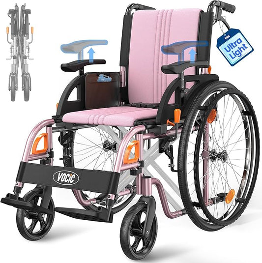 VOCIC Ultra Lightweight Wheelchair for Adults, 23lb Frame Portable Foldable Self-Propelled Wheelchairs for Seniors with Quick Release Wheels, Swing-Away Footrests,Flip-Back Arm, 300 lbs Pink