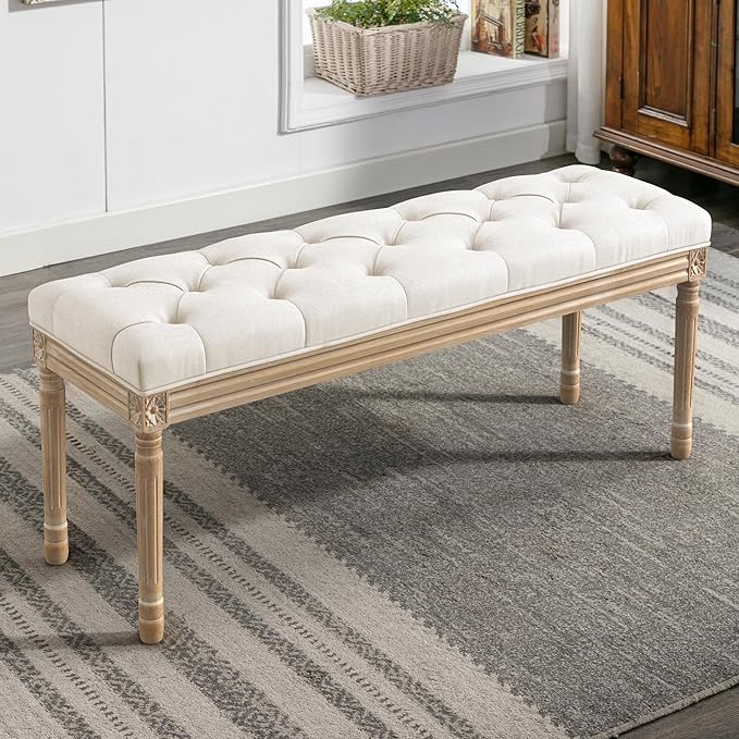 LUE BONA 44" Bedroom Bench, Fabric End of Bed Bench, Upholstered French Tufted Ottoman Bench with Carved Wood Legs for Bedroom End of Double Full Queen Size Bed, Living Room, Beige