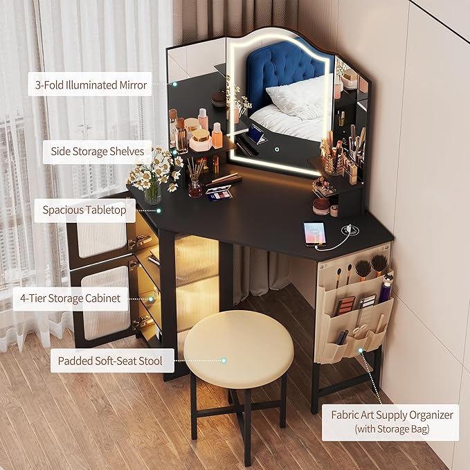 LVSOMT Corner Vanity Desk with Mirror and Lights, Makeup Vanity with Charging Station, Dressing Table with 3 Lighting Options, Vanity Set with Stool, Women’s Vanity for Bedroom, Black