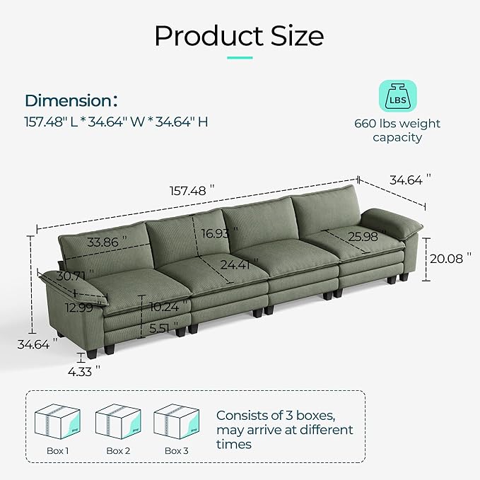 LINSY HOME 157" Modular Sectional Sofa, 4-Seat Corduroy Modern Cloud Couch with Deep Seat, Perfect for Living Room, Office, Bedroom, Green