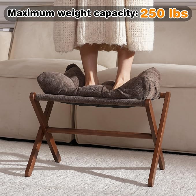 Baveke Ottoman Foot Rest- Bamboo Folding Stool, Foot Stools Small Ottman with Upholstered & X Legs, Foldable Stool for Makeup, Bedroom and Living Room, FSC-Certified (Large Brown)