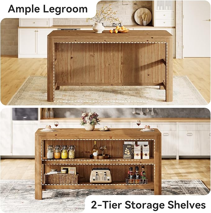63-Inch Solid Wood Kitchen Island with Storage Shelves, Farmhouse Island Table with Seating, Counter Height Bar Table for Dining Room, Kitchen, Easy to Assemble, Natural Wood
