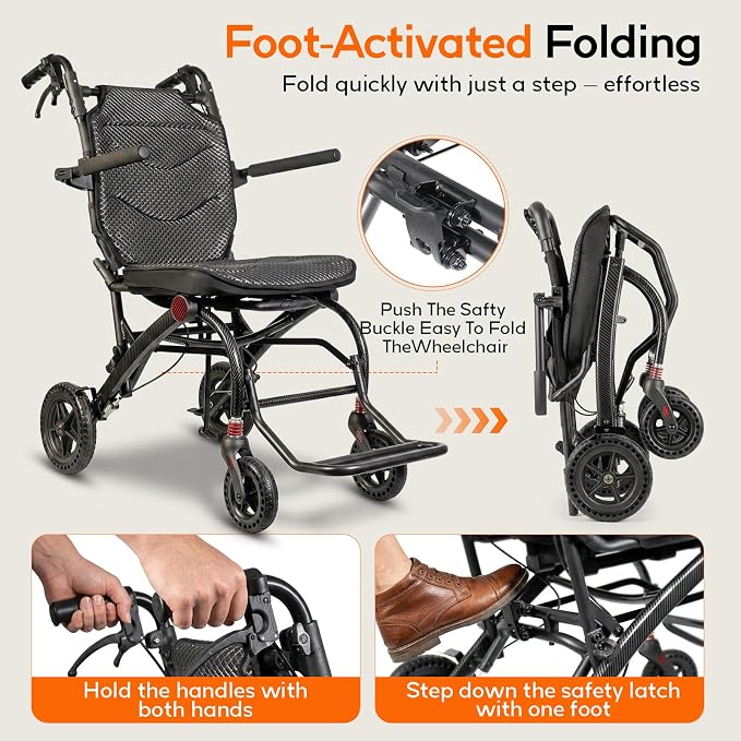 SOFTFISH Transport Wheelchair with Ergonomic Seat & Pull Rod, 1s Foot-fold Wheelchairs for Adults with Foldable Armrest & Footrest, Carbon Fiber Aluminum Frame Travel Transport Chair for Seniors