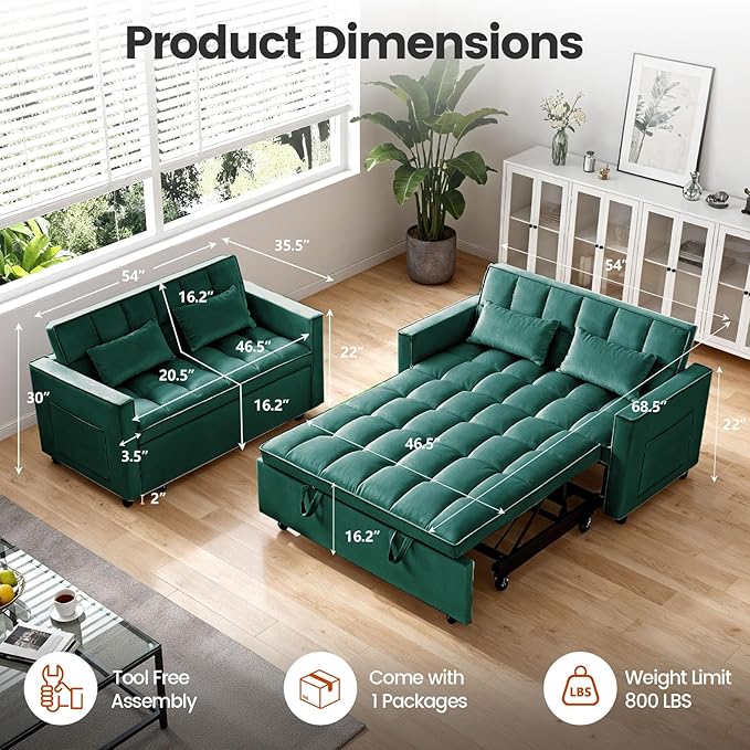 Convertible Sofa Bed, Pull Out Couch with Side Pockets, 3 in 1 Velvet Fabric Loveseat Sleeper Sofa Bed, Pull Out Couch with Adjustable Backrest for Living Room, Bedroom, Apartment, Green