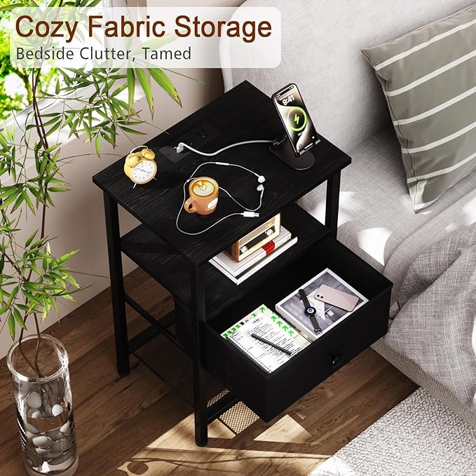 LOAKEKEL Night Stand, Nightstand with Charging Station, Slim Industrial Bedside Table with Fabric Drawer, Small End Table with USB & Type-C Ports for Bedroom, Black, HETS010BK-1