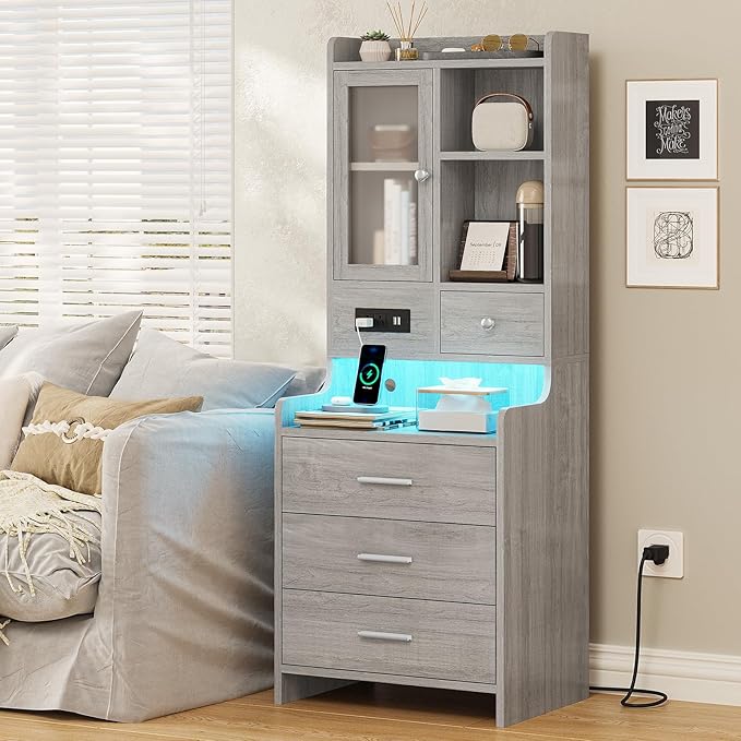 ADORNEVE Grey Nightstand Set of 2 with Charging Station,49.2" LED Night Stand for Bedroom,Tall Bedside Table with Bookshelf and Drawers,Side Tables Bedroom