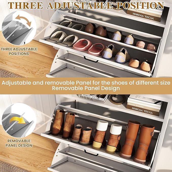 Metal Shoe Storage Cabinet with 2 Flip Drawers,White Shoe Organizer with Leg,Hidden Narrow Shoe Rack Cabinets Freestanding Farmhouse Slim Shoe Cabinet with Open Storage for Entryway Hallway Front Door