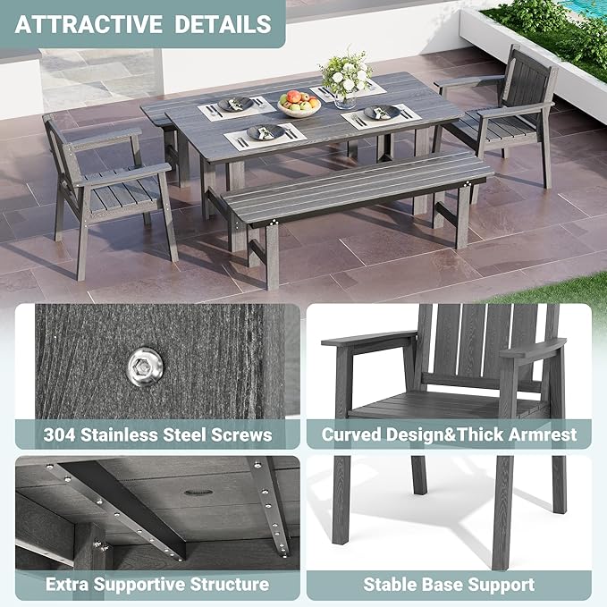 Pamapic 5 PCS Outdoor Dining Set, Spacious HDPE Outdoor Table and Chairs with 2 Bench, Wood Grain Patio Furniture Sets with Elegant Armrest, All-Weather Outdoor Furniture with Umbrella Hole, Gray