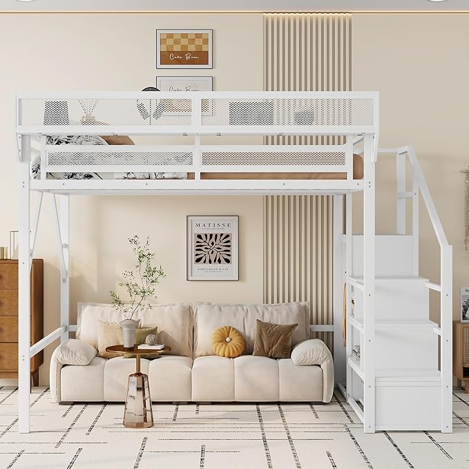 KEIKI Queen Size Metal Loft Bed Frame with Convertible Staircase, Built-in Storage Shelves and Wardrobe, Loft Bed with Solid Slats, Guardrail, No Box Spring Required, Easy Assembly, for Bedroom, White