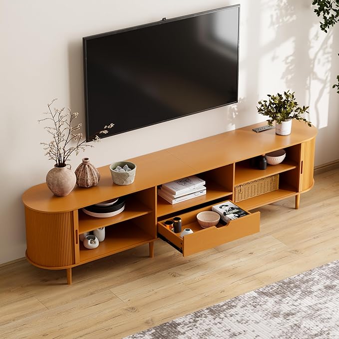 86.6" Fluted TV Stand with Power Outlet for TVs up to 90", TV Console with Adjustable Shelves and Sliding Door,Mid Century Modern Entertainment Center for Living Room,Bedroom (Yellow Walnut, 86.6Inch)
