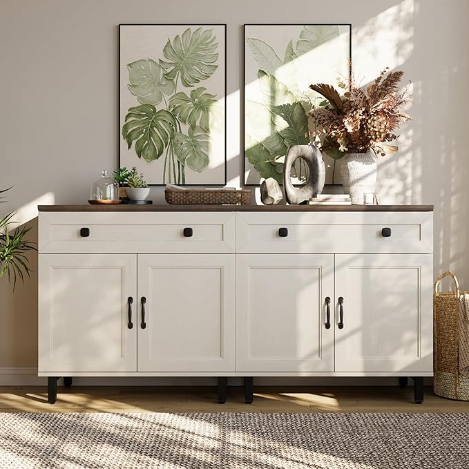 FENSULN Buffet Sideboard Cabinet Farmhouse Modern 2 in 1 Storage Cabinet with Drawer and Adjustable Shelves for Kitchen, Coffee Bar, Living Room, White