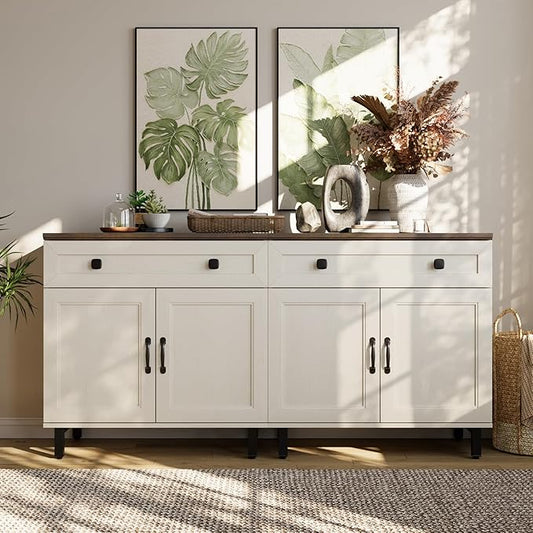 FENSULN Buffet Sideboard Cabinet Farmhouse Modern 2 in 1 Storage Cabinet with Drawer and Adjustable Shelves for Kitchen, Coffee Bar, Living Room, White