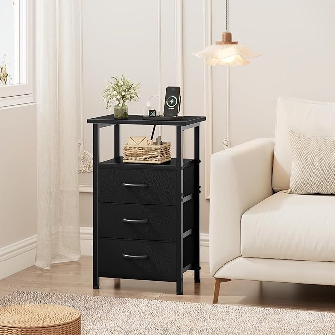 Vagusicc Nightstand Set of 2 with Charging Station, Bedside Table with USB Ports and Outlet, End Table Side Table with 3 Fabric Drawers and Storage Shelf, Bed Side Table Night Stand for Bedroom, Black