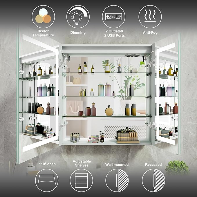 20x26 Bathroom Mirror LED Medicine Cabinet with Lighted 3 Colors, Recessed Surface Wall Mounted LED Medicine Cabinet, Anti-Fog Tempered LED Mirror with Storage, Stepless Dimming, 2 Outlets