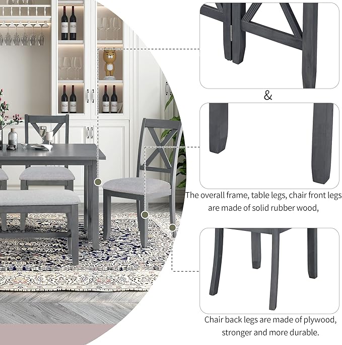 Harper & Bright Designs 6-Piece Family Dining Room Set Solid Wood Space Saving Foldable Table and 4 Chairs with Bench for Dining Room (Gray)