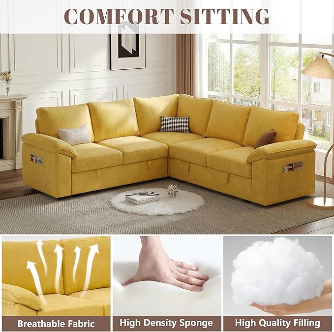 85 Inch Modular Sectional Sofa with Pull Out Bed, L Shaped 5 Seat Sectional Sleeper Sofa with Storage, Sectional Couches for Living Room, Cloud Modular Couch,Removable Sofa Cover,Yellow