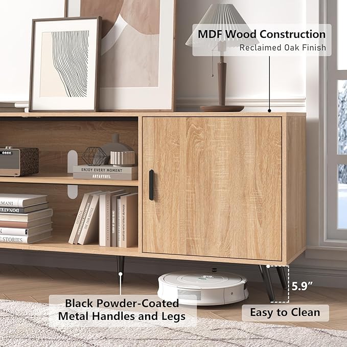 80 Inch Mid Century Modern TV Stand for 75 Inch TV, Wood TV Stand with Storage, Entertainment Center for Living Room Bedroom, TV Media Console, Oak