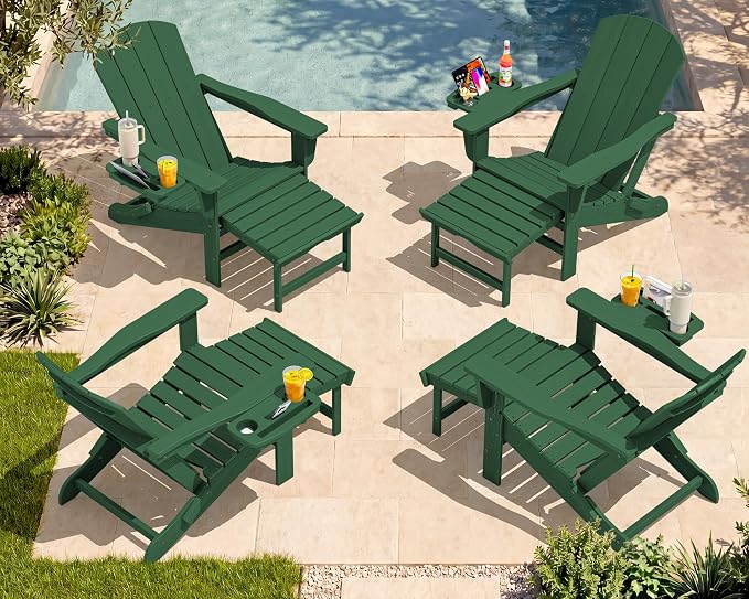 SERWALL Folding Adjustable Adirondack Chairs with Footrest Set of 4, HDPE Outdoor Chair with 4-in-1 Cup Holders, All Weather Adirondack Chair with Ottoman, Green