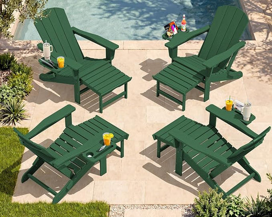 SERWALL Folding Adjustable Adirondack Chairs with Footrest Set of 4, HDPE Outdoor Chair with 4-in-1 Cup Holders, All Weather Adirondack Chair with Ottoman, Green
