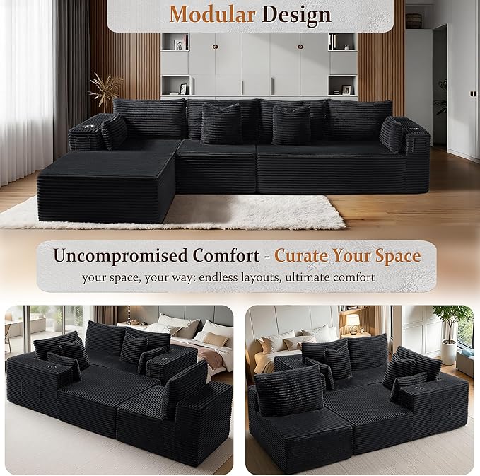138" Cloud Sectional Couch, Comfort L Shaped Boneless Couch for Living Room, Extra Deep Seats No Assembly, Minimalist Modular Sofa, Corduroy (Black, 3 Seater+Right Facing Chaise)