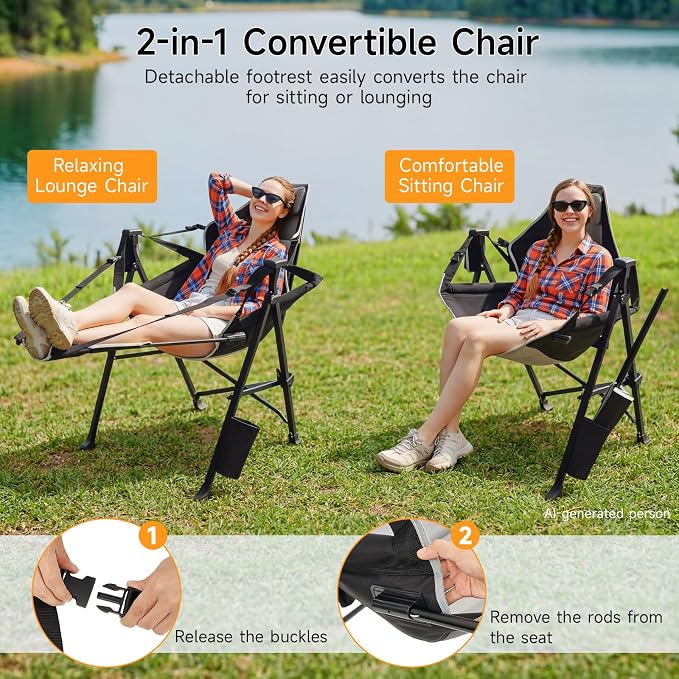 Hammock Camping Chair with Removable Footrest, 400lbs Heavy Duty Portable Swing Chair Outdoor with Adjustable Back, Foldable Camping Chair with Headrest and Cup Holder for Camping, Patio, Lawn