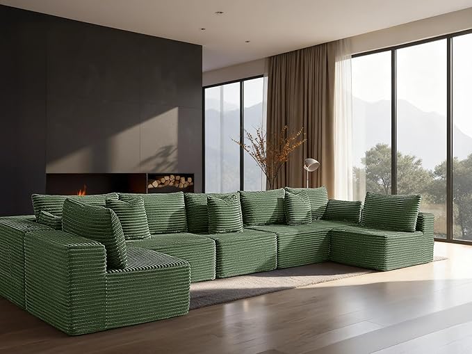 168" Cloud Sectional Couch, Comfort U Shaped Sofa for Living Room, Extra Deep Seats No Assembly, Minimalist Modular Couch, Corduroy (Olive Green, 7 Seats,U-Shape B)