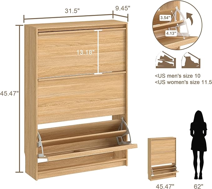Shoe Cabinet with 3 Flip Drawers, 31.5" W Narrow Shoe Storage Cabinet for Entryway, Slim Shoe Organizer with Adjustable Shelves, Freestanding Shoe Rack for Hallway, Living Room, Oak