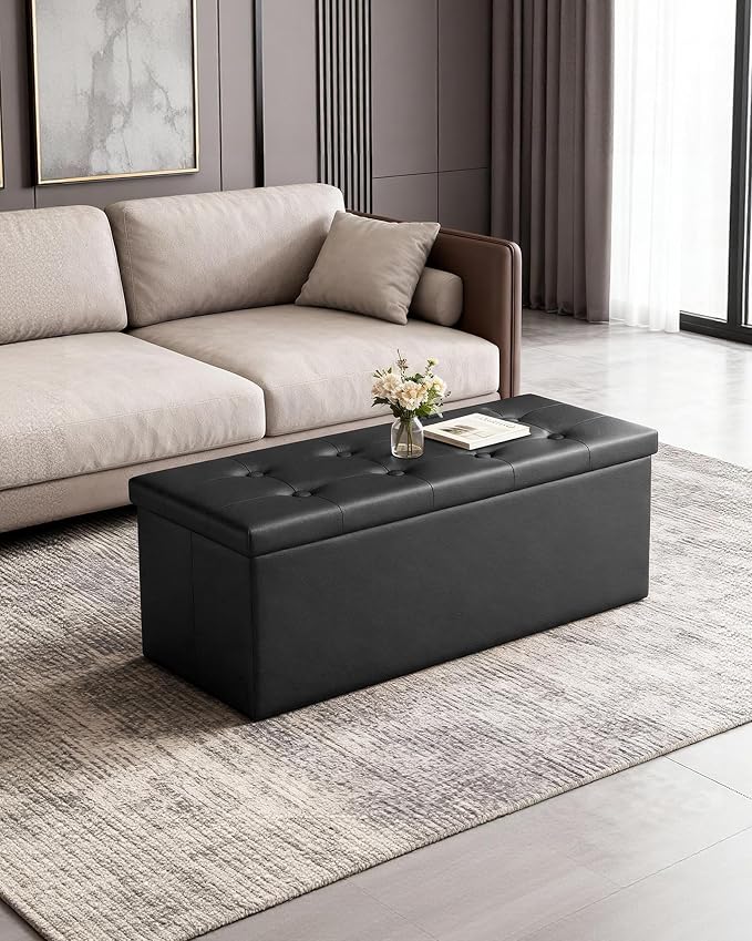 LITZFUR 43 Inches Folding Storage Ottoman Bench, PU Leather Storage Chest, Footrest Padded Seat for Bedroom and Hallway, Holds up to 660 lbs, Black